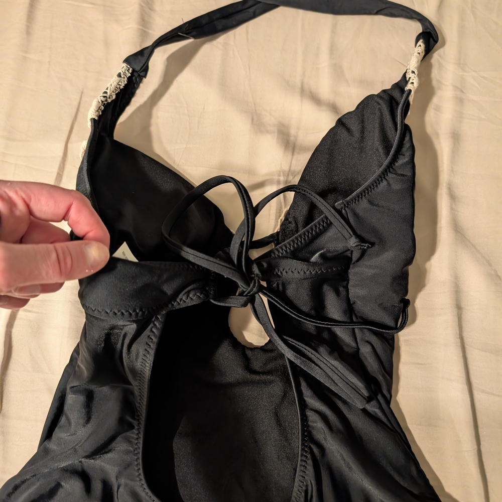 Black One-Piece Swimsuit with Cream Lace Detail - Picture 5 of 7